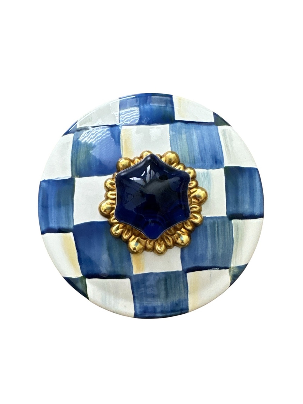 MacKenzie Childs Royal Check Sweets Jar Replacement Lid Enamel Blue White Gold - Picture 9 of 9